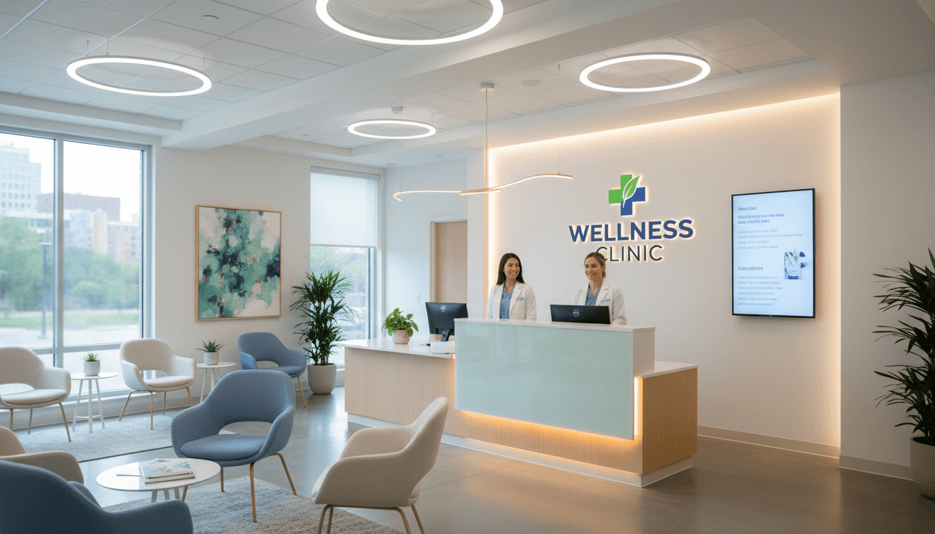 Recepción moderna de clínica médica con ambiente profesional y acogedor