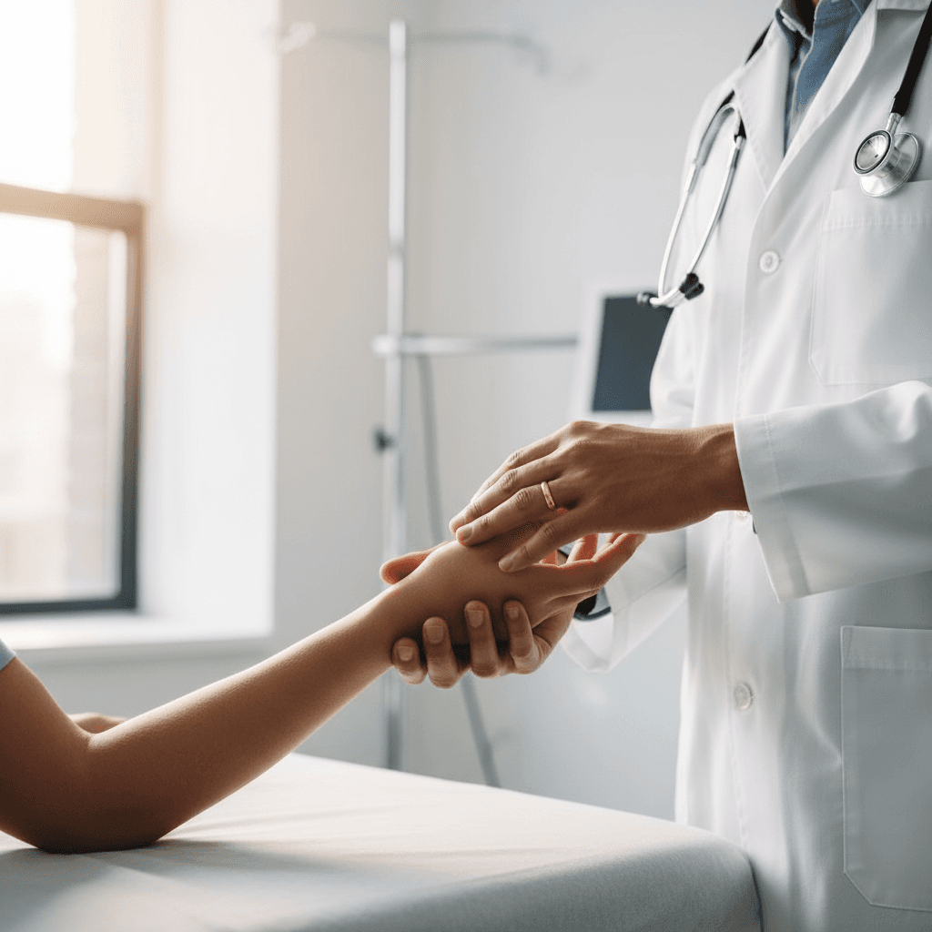 Healthcare professional gently examining patient's arm with stethoscope in bright, modern medical examination room