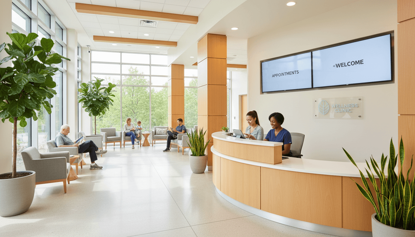 Bright, modern medical clinic reception area with receptionist assisting patient at desk while others wait in comfortable seating